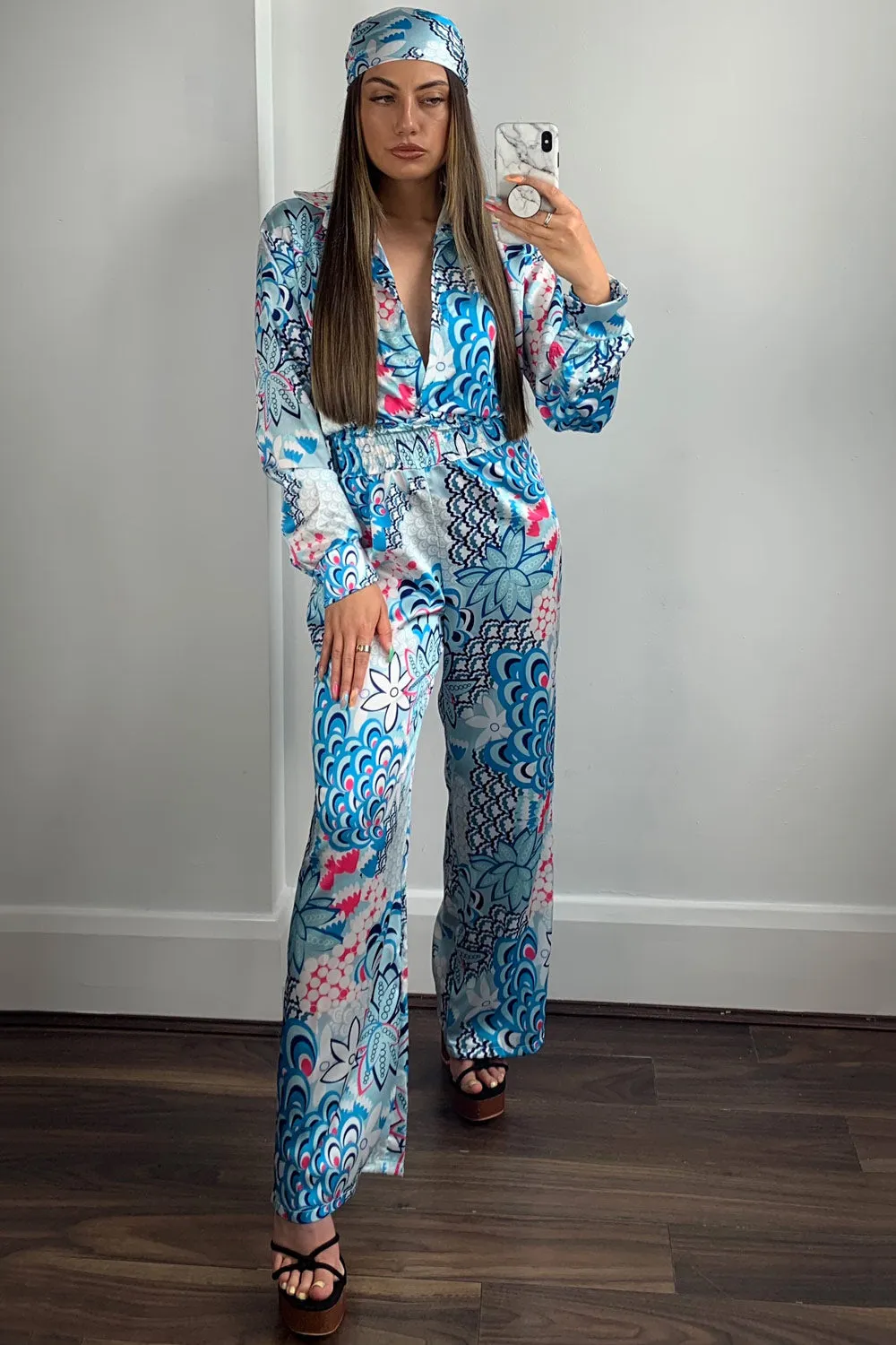 Blue Printed Satin Bandana and Jumpsuit 2 Piece Set