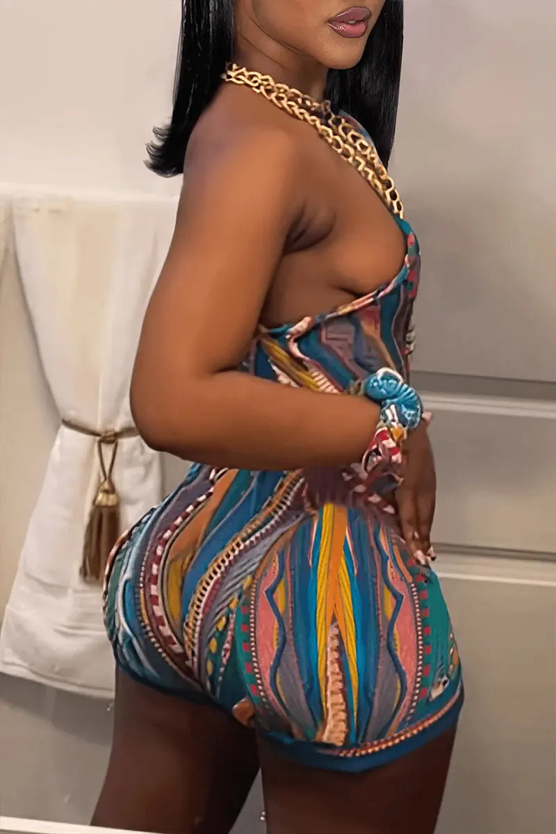 JD844 Graphic Print One-Shoulder Romper