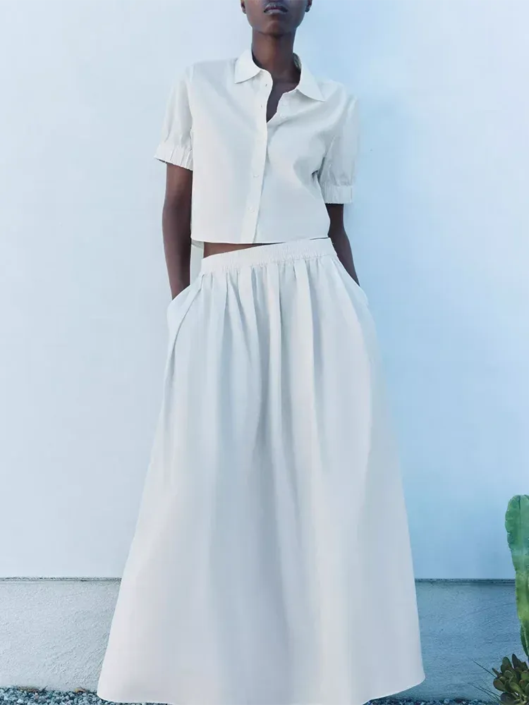 Metaversmall Casual Two Piece Sets For Women Lapel Short Sleeve Spliced Button Shirts High Waist A Line Long Skirt Minimalist Set Female